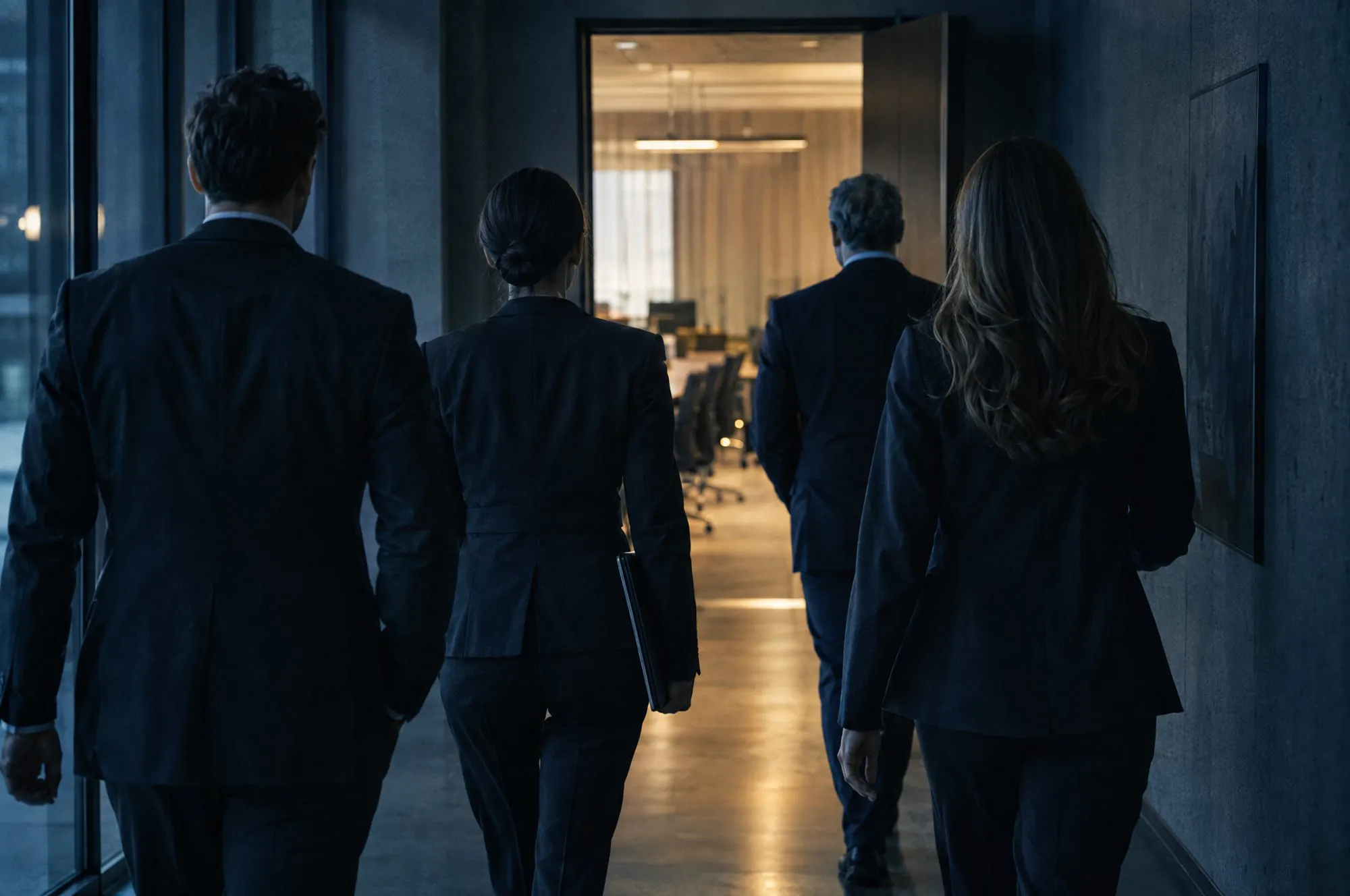 A management team walking towards the meeting room