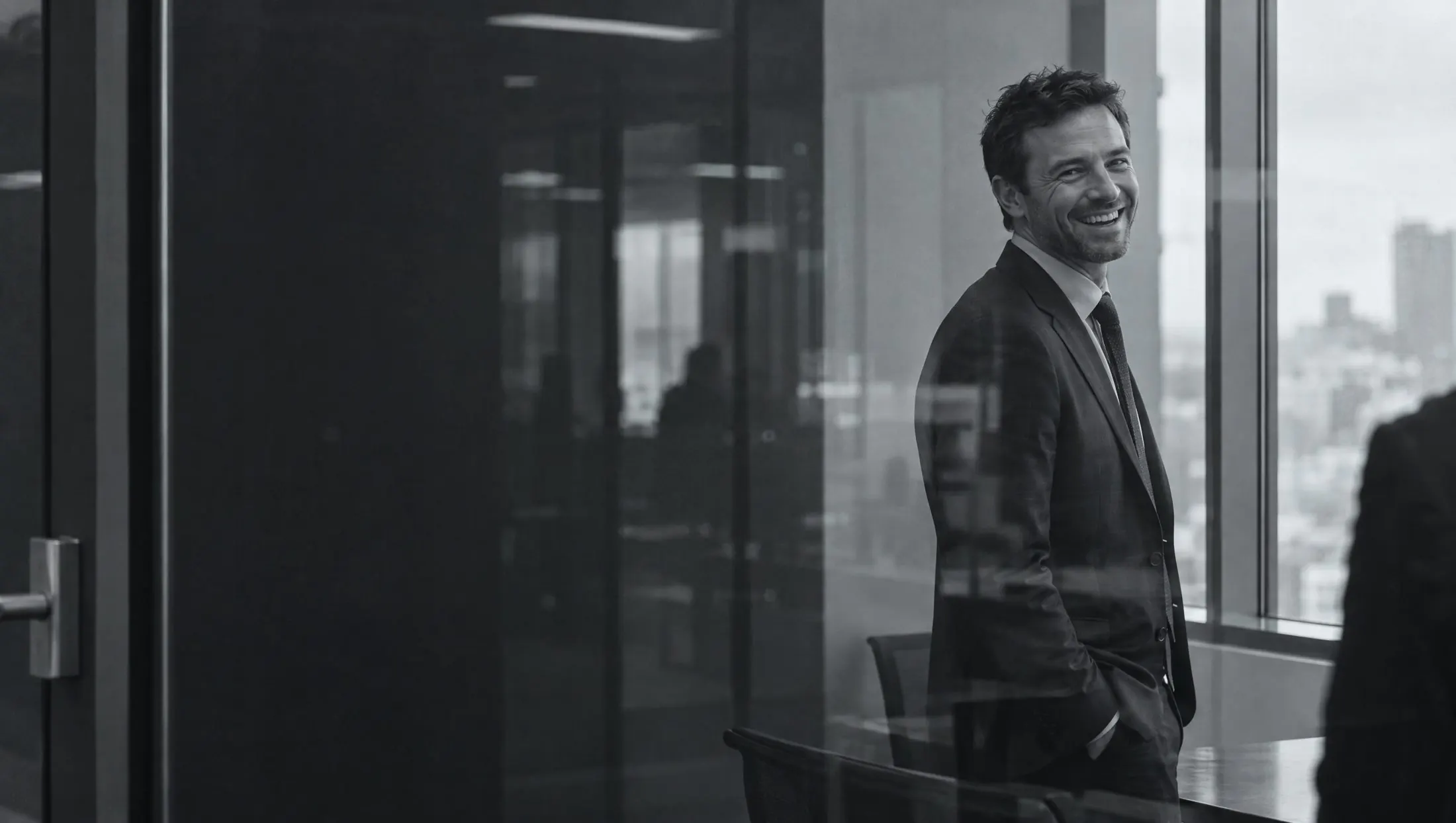 A senior executive laughing with a colleague, seen through the glass wall of a meeting room